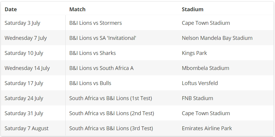 british and irish lions tour of south africa schedule