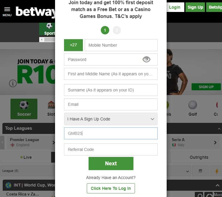 betway sign up code register gmb25 betting guide